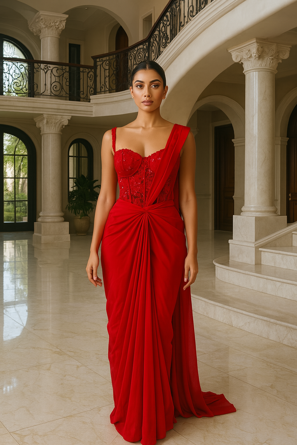 RED NET CORSET SAREE