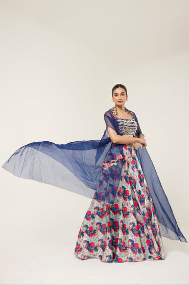 FLORIVA PRINTED SHARARA CAPE SET