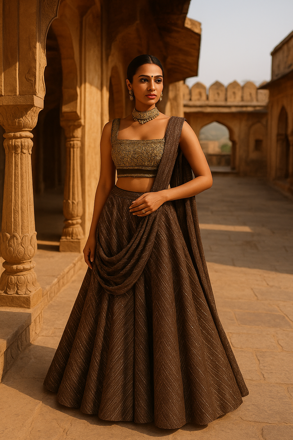 BROWN DRAPE LEHENGA