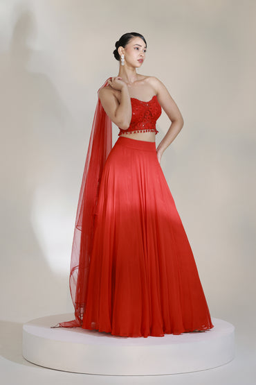 CRIMSON BUSTIER LEHENGA SET