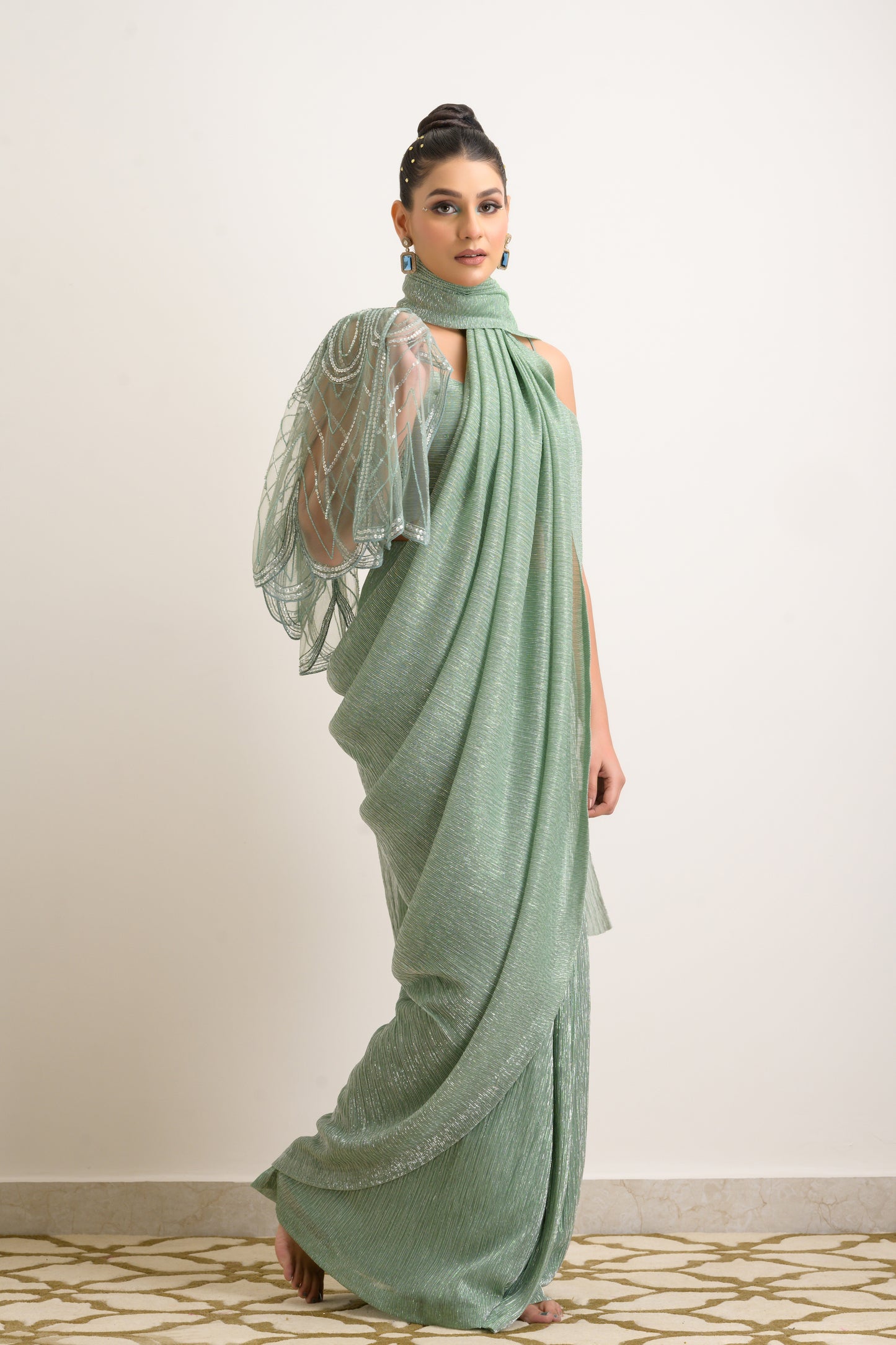 Pastel Green Jacket Saree