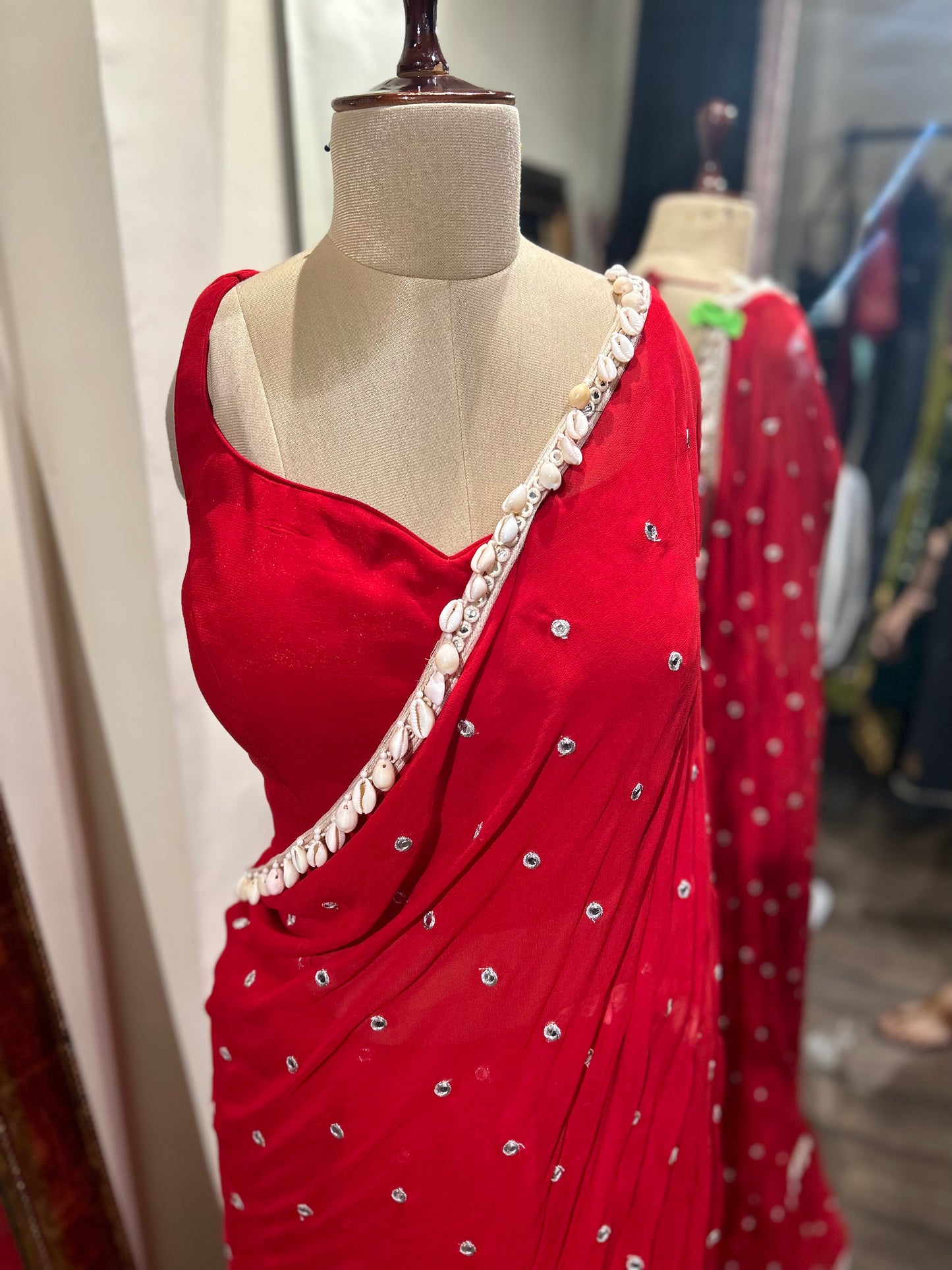 Diksha in red mirror shell saree
