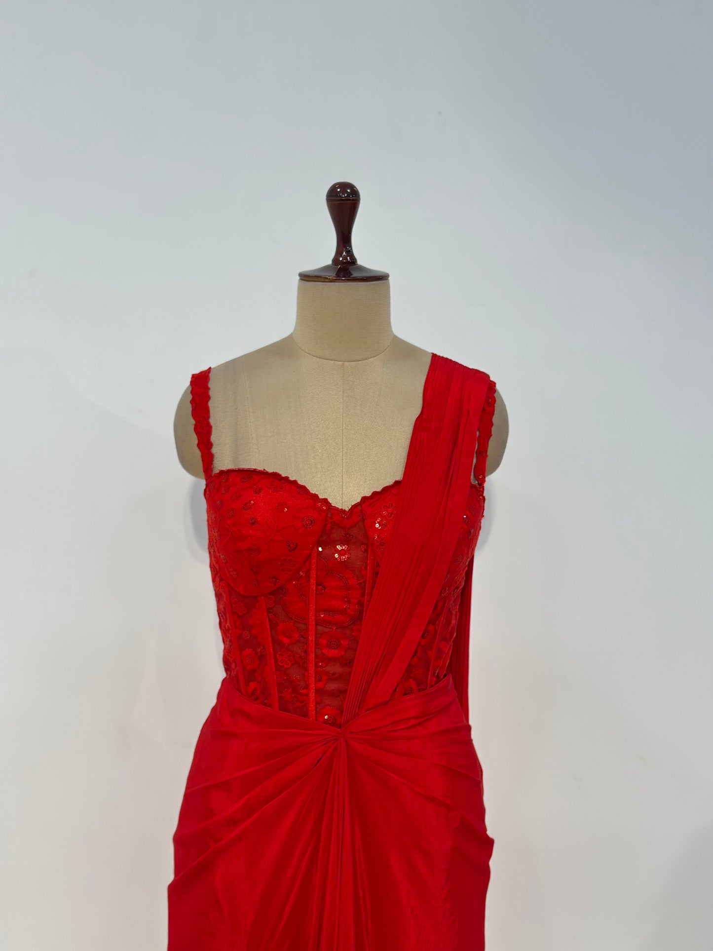 RED NET CORSET SAREE