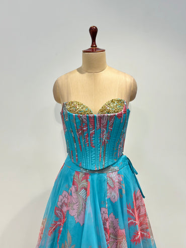 AQUA FLORAL PRINTED CORSET LEHENGA