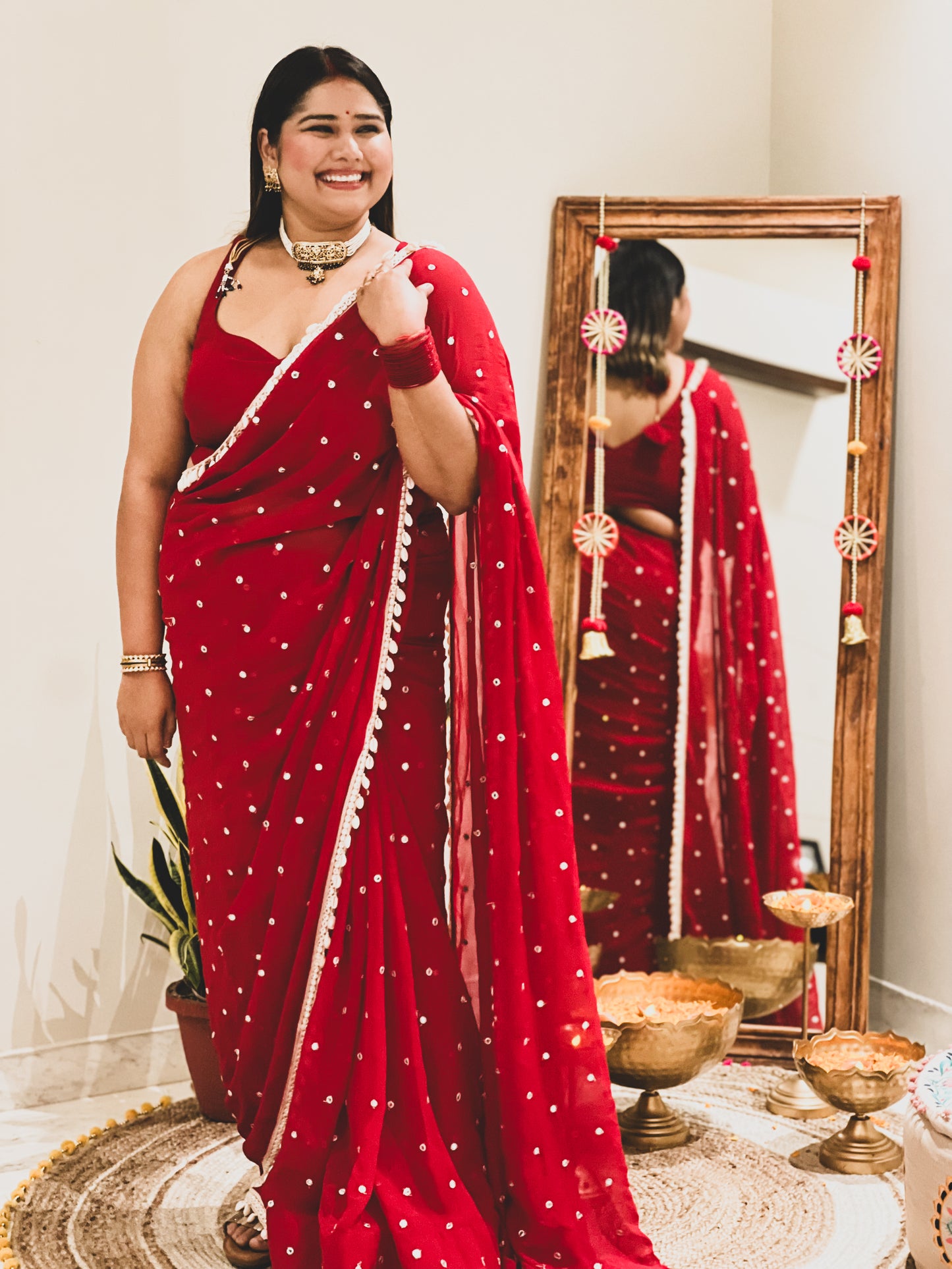 Diksha in red mirror shell saree