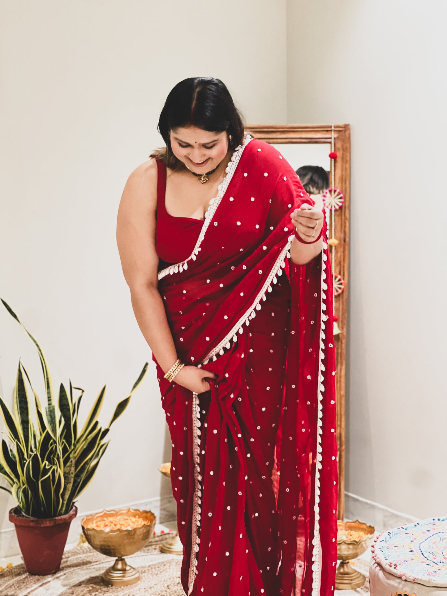Diksha in red mirror shell saree