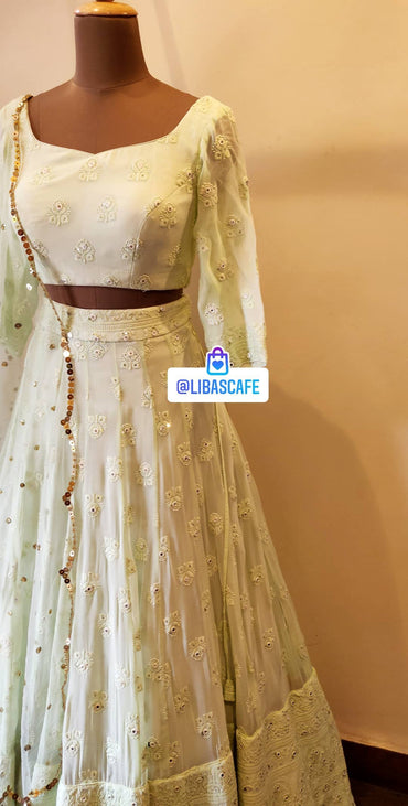 Pastel Green Lakhnavi Lehenga With Foil Mirrors