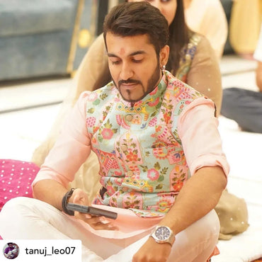 Mint Green Printed Embroidred Nehru Jacket