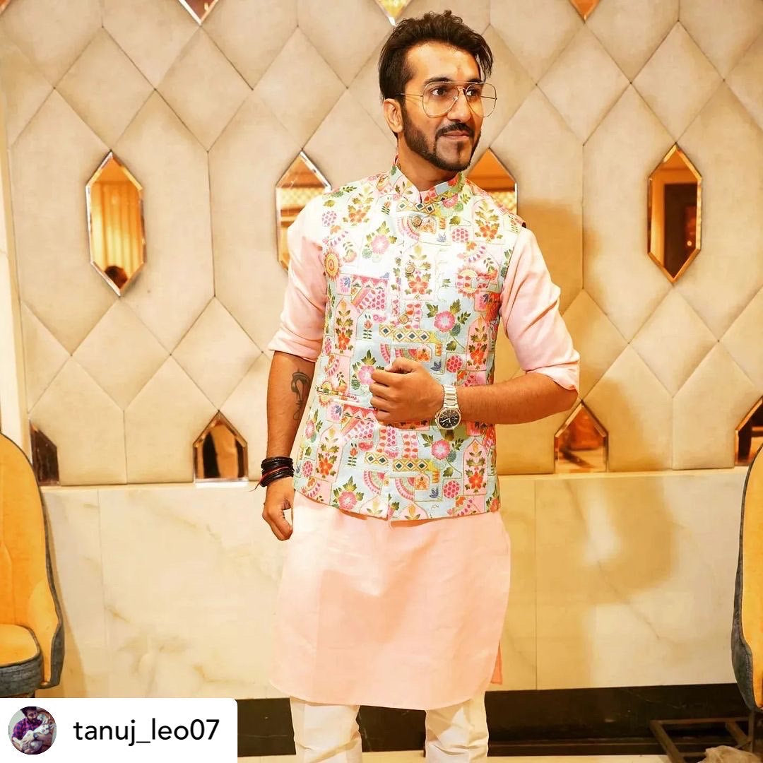 Mint Green Printed Embroidred Nehru Jacket