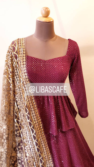 Maroon Lakhnavi Peplum Lehenga