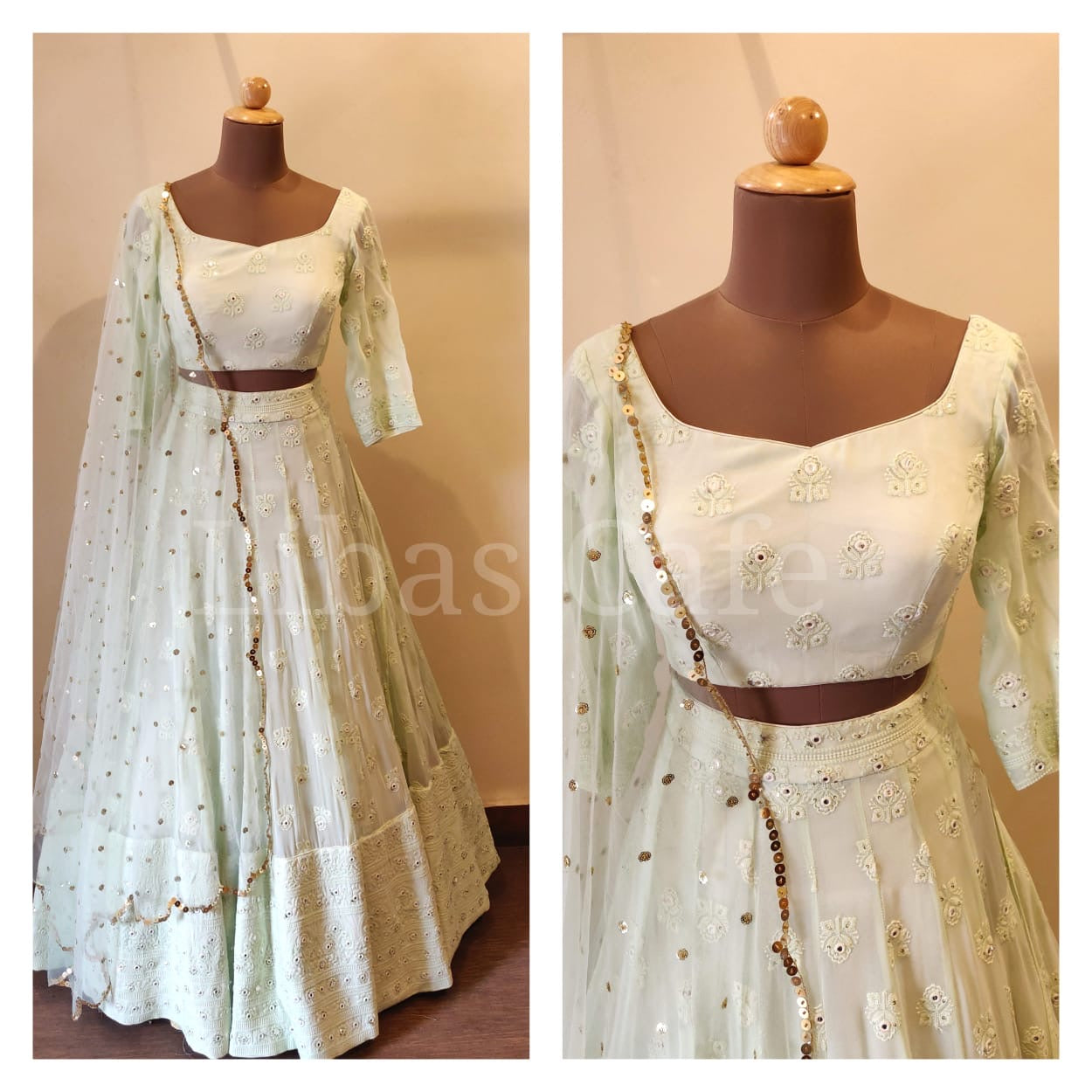 Pastel Green Lakhnavi Lehenga With Foil Mirrors – LIBAS CAFE