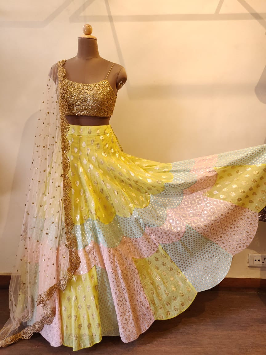 Colour Blocked Chanderi Lehenga