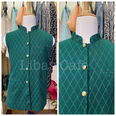 Self Embroidered Bottle Green Jacket