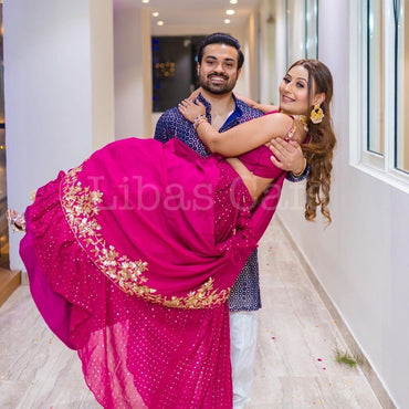 Client In Our Wine Drape Dupatta Lehenga