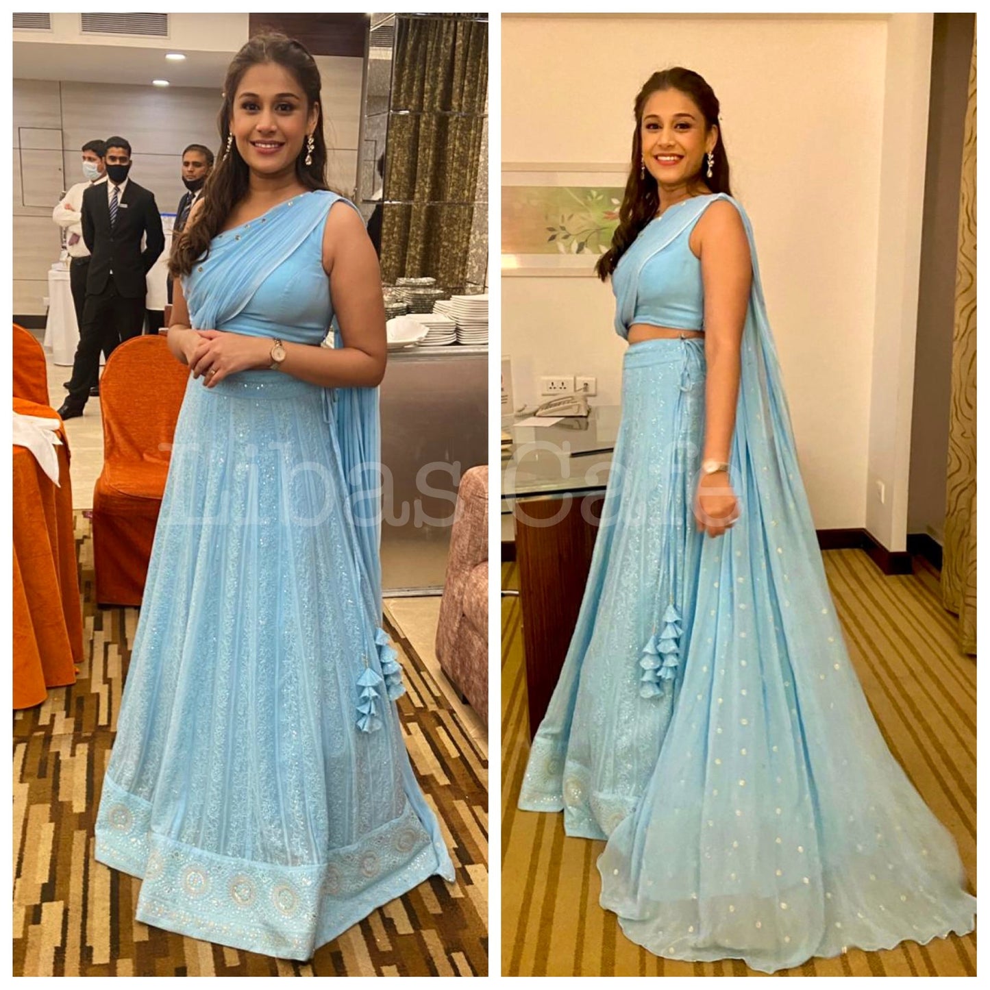 Client In Our Ice Blue Drape Lehenga