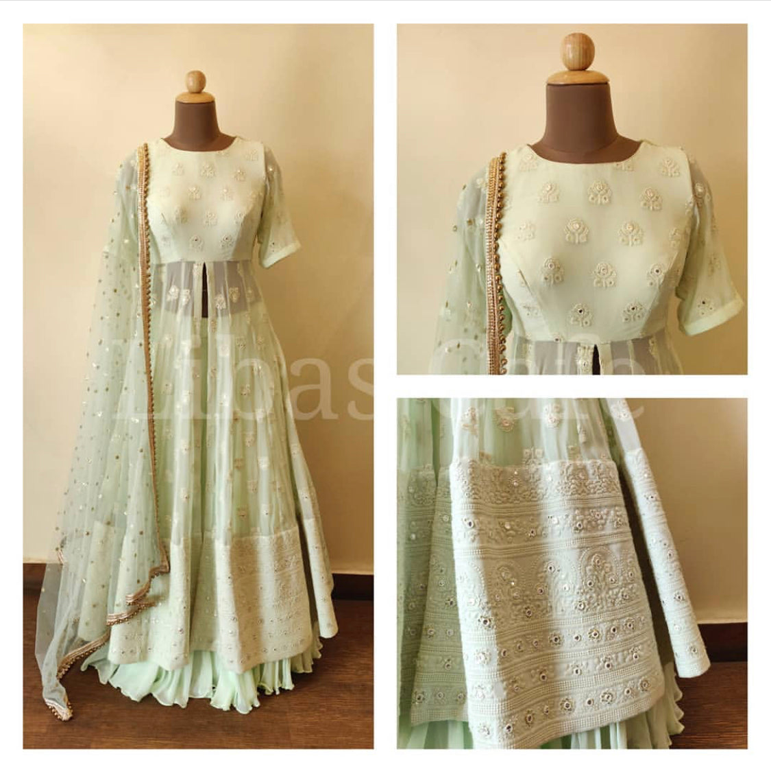PASTEL GREEN JACKET ANARKALI SUIT WITH LEHENGA Libas Cafe