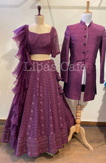 Purple Lakhnavi Ruffle Dupatta Lehenga