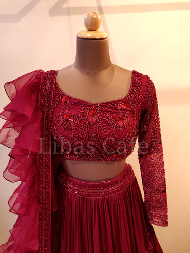 Maroon Ruffle Dupatta Pearl Lehenga
