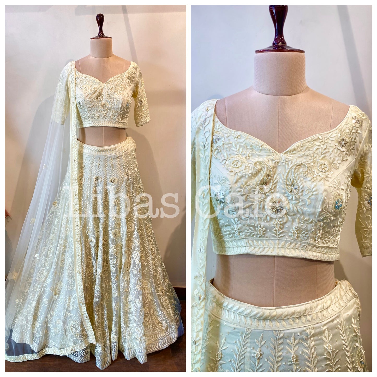 Lemon Ivory Pearl Embroidered Bridal Lehenga