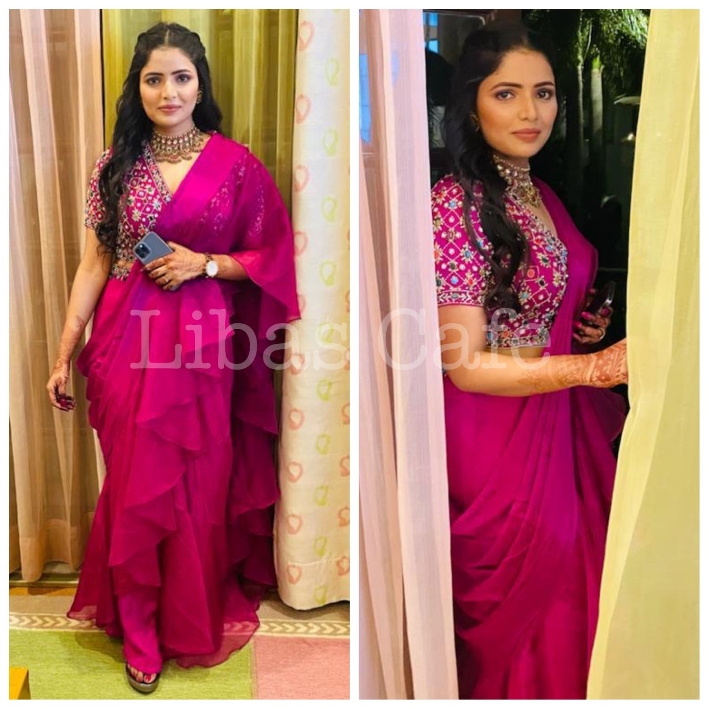 Client In Wine Ruffle Saree