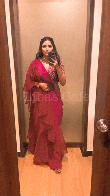 Client In Wine Ruffle Saree