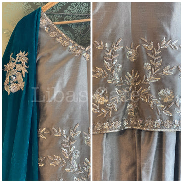 Grey Silk Long Top With Lehenga