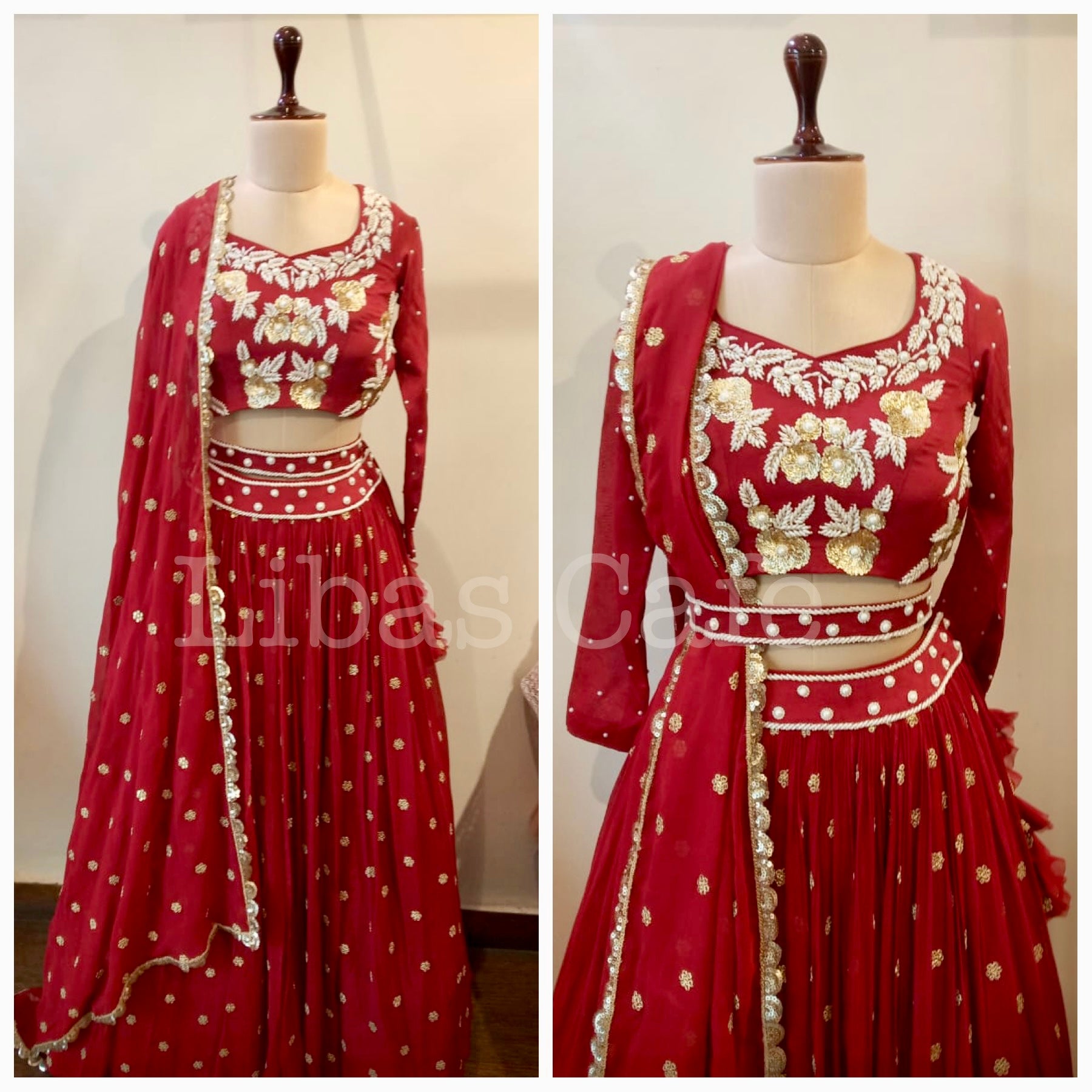 Red Pearl And Sequin Embroidered Lehenga