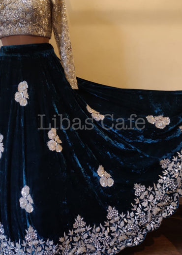 Silver-teal Velvet Bridal Lehenga