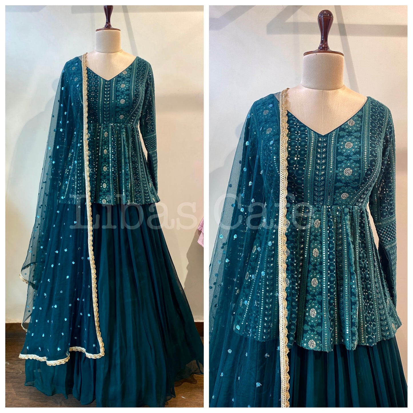 Green Lakhnavi Peplum Lehenga