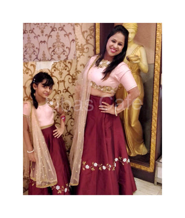 Peach Maroon Embroidered Baby Girl Lehenga