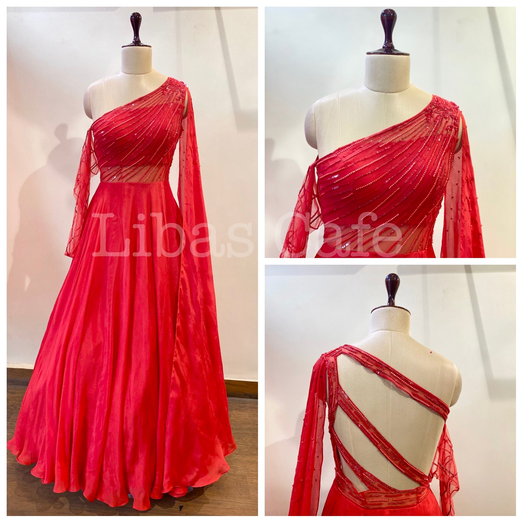 Red Pearl One Shoulder Gown