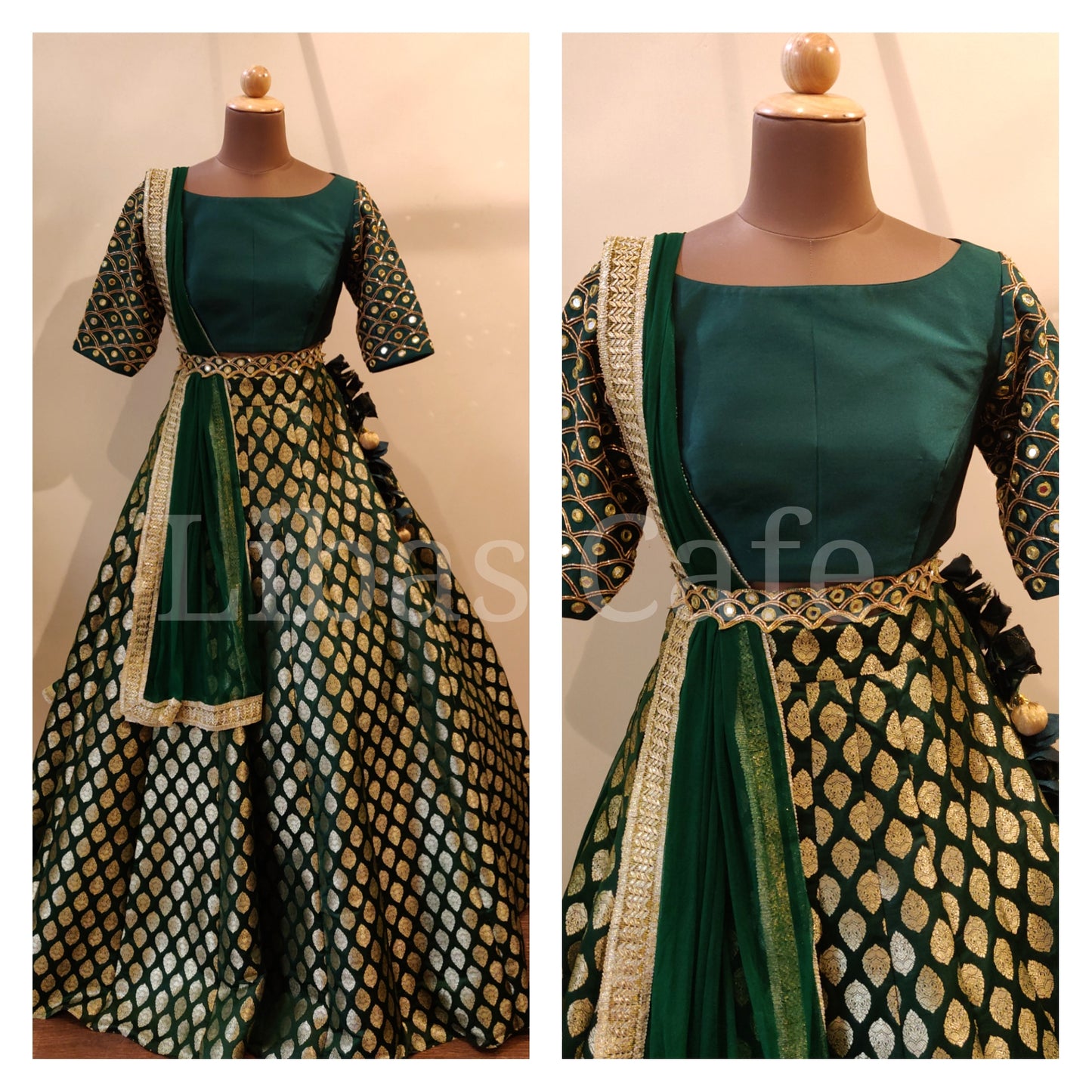 Green Brocade Mirror Lehenga