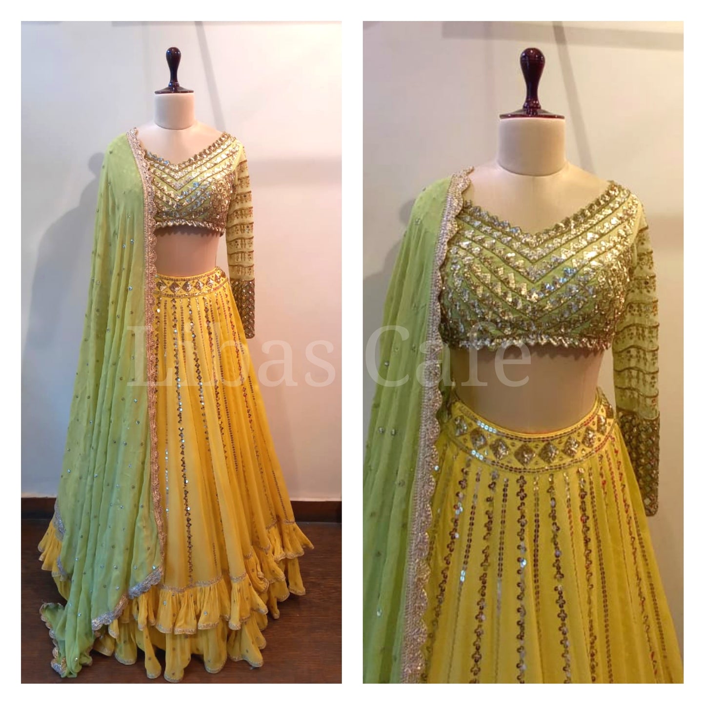 Green - Yellow Sequin Lehenga