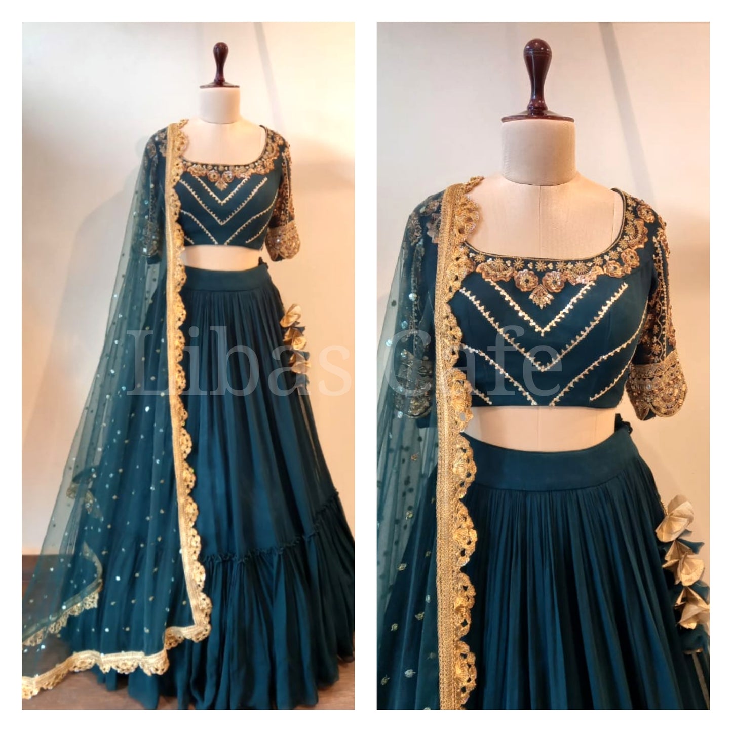 Dark Green Antique Gold Layered Lehenga