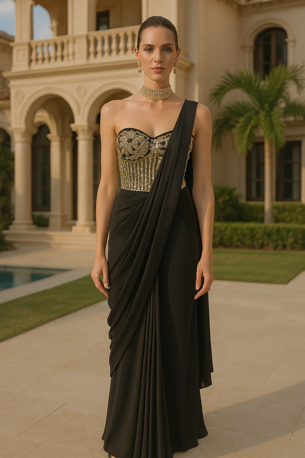 BLACK EMBROIDERED CORSET SAREE