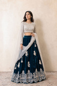Silver-teal Velvet Bridal Lehenga