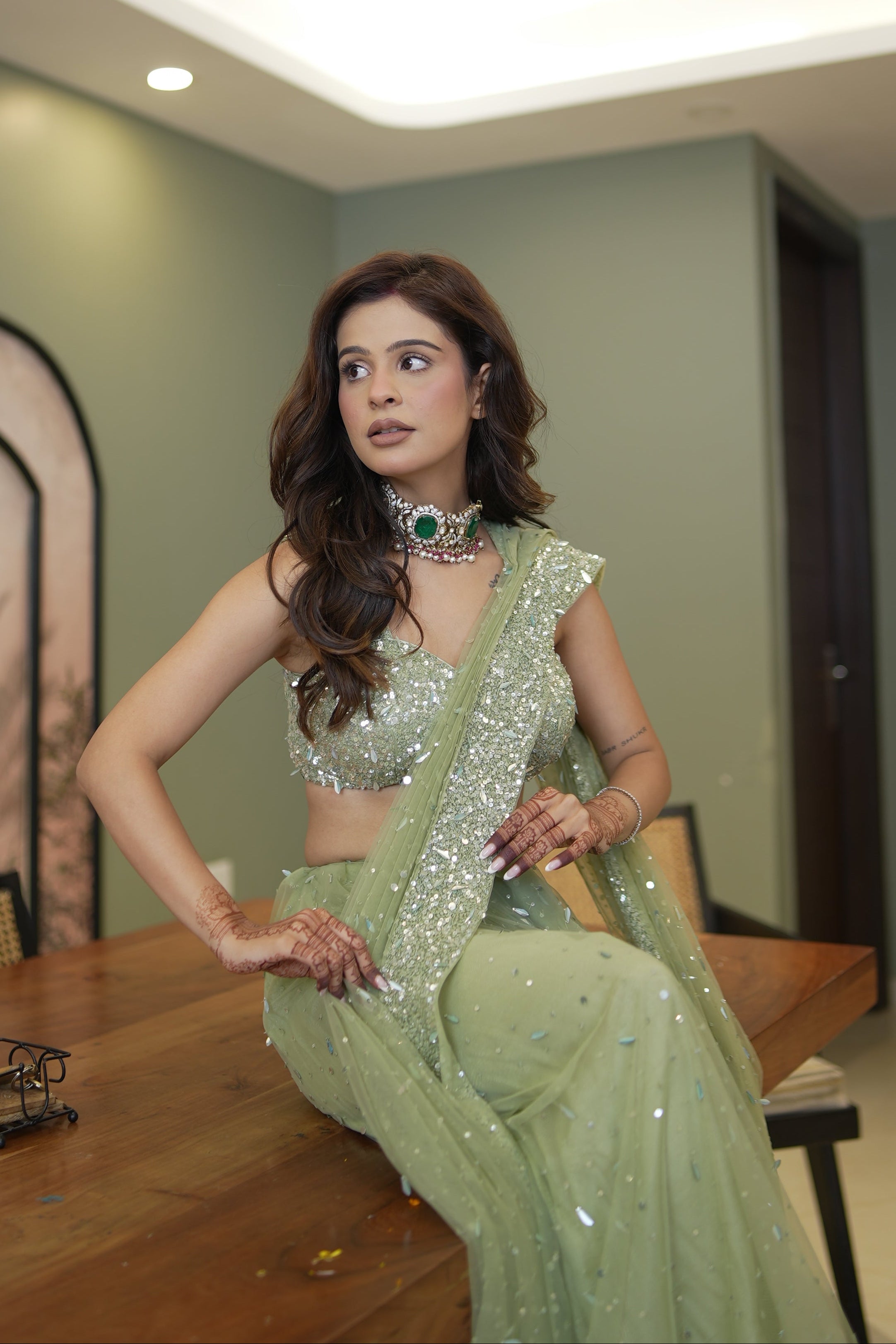 VANSHIKA IN SAGE GLAM SAREE SET