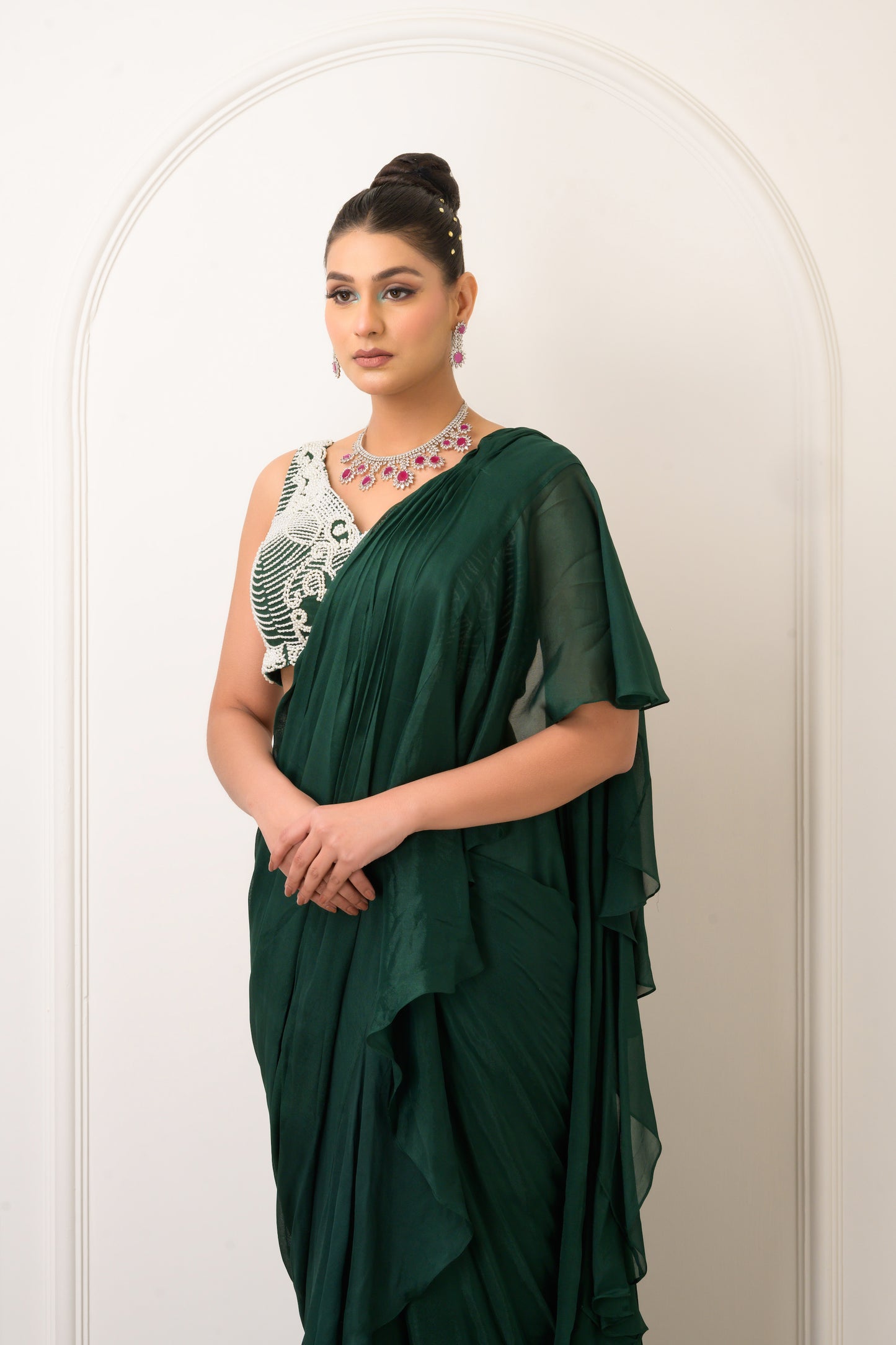 Bottle Green Ruffle Saree