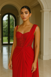 RED NET CORSET SAREE