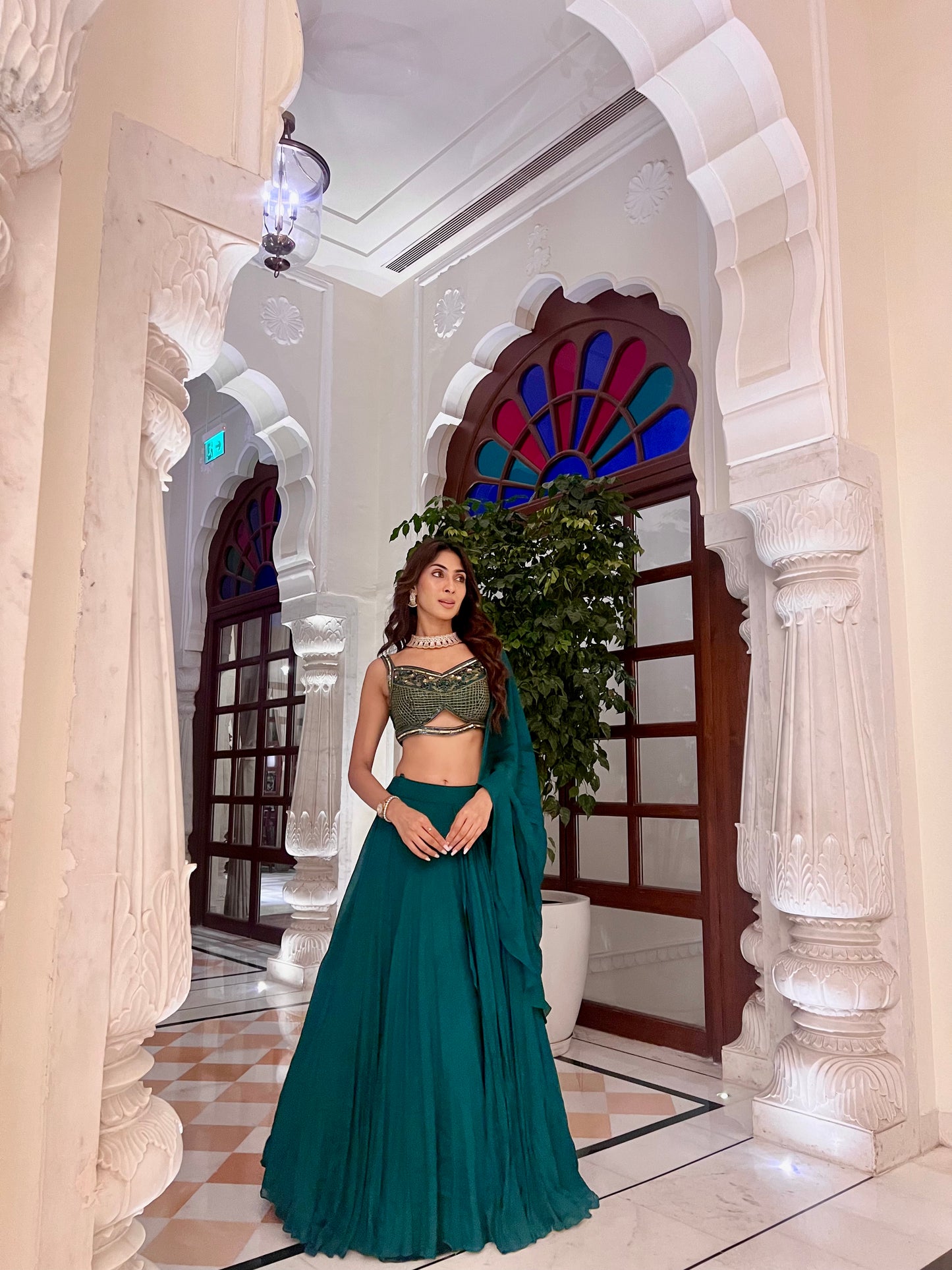 Green Drape Lehenga