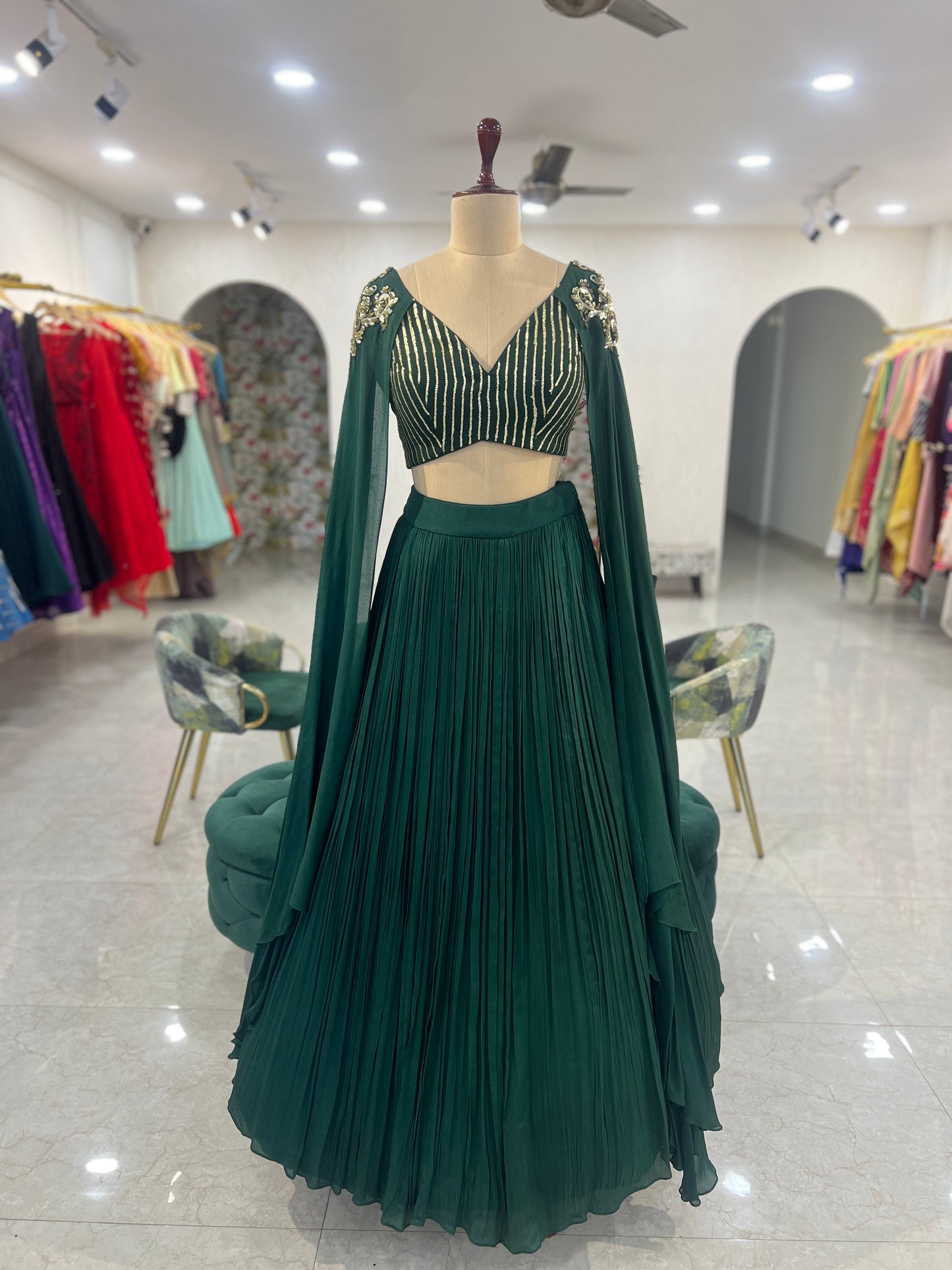 Green Drape Sleeve Lehenga