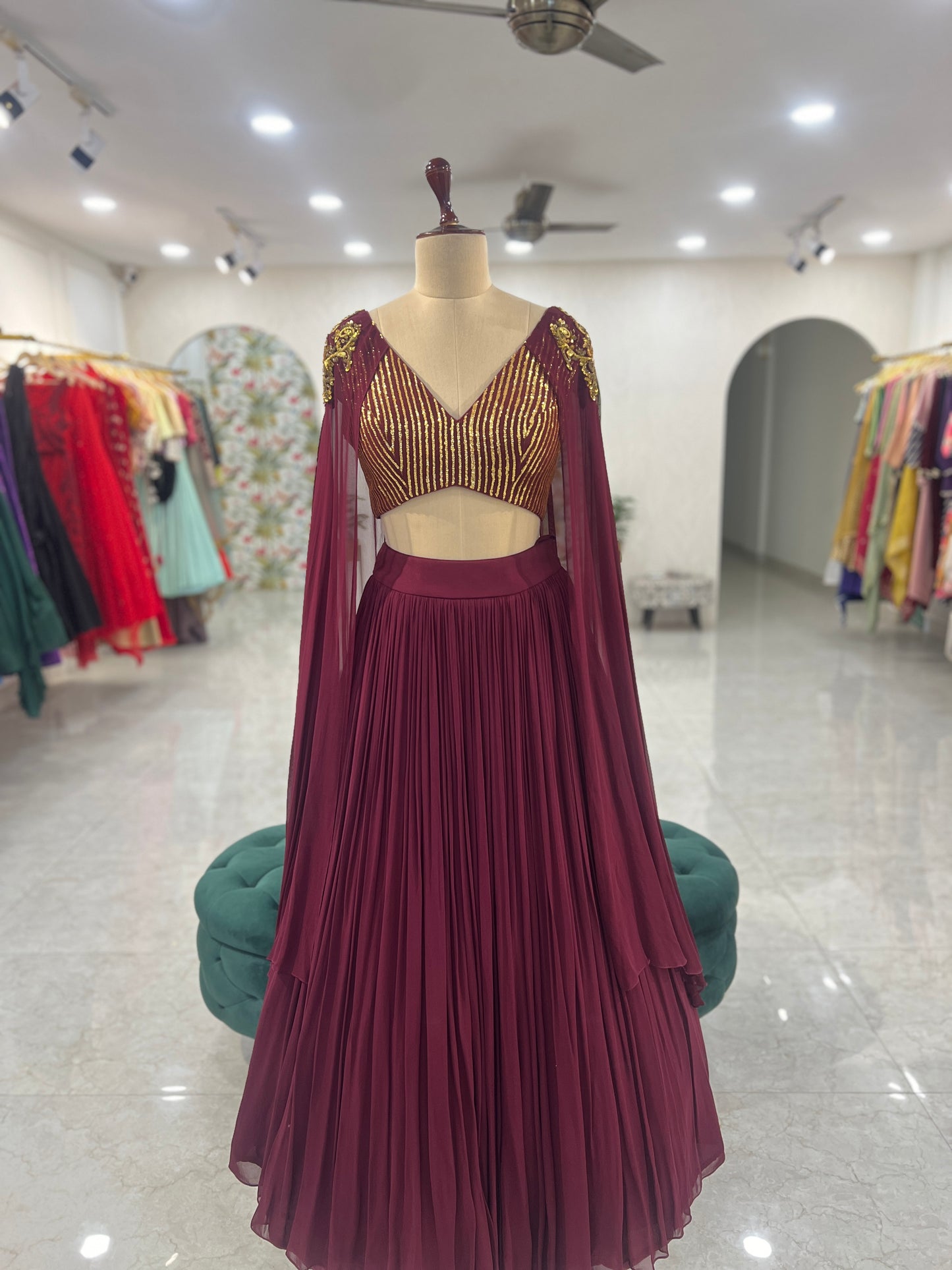 Wine Drape Sleeve Lehenga