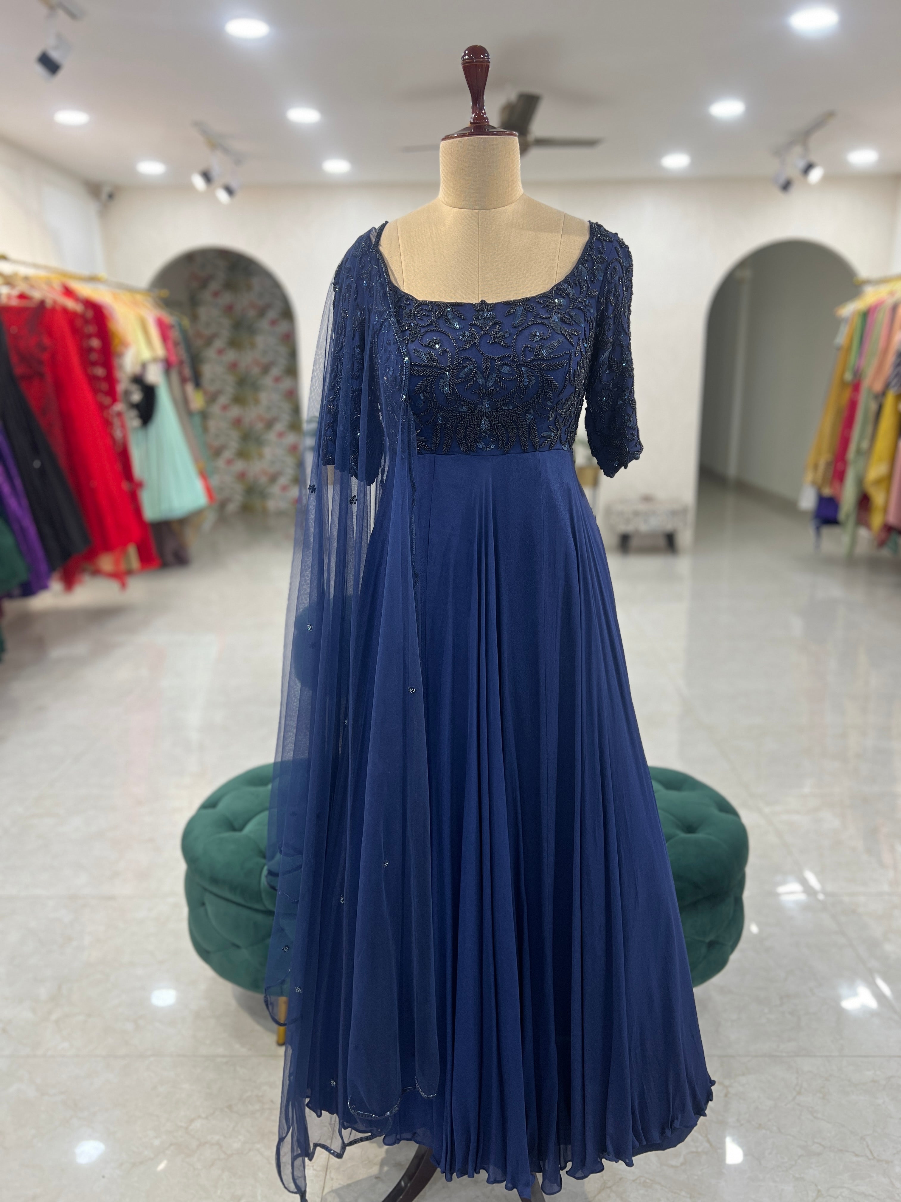 Navy Hand Embroidred Anarkali