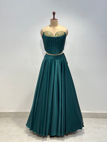 BOTTLE GREEN CORSET LHENGA