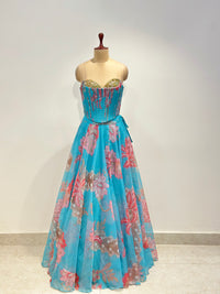 AQUA FLORAL PRINTED CORSET LEHENGA