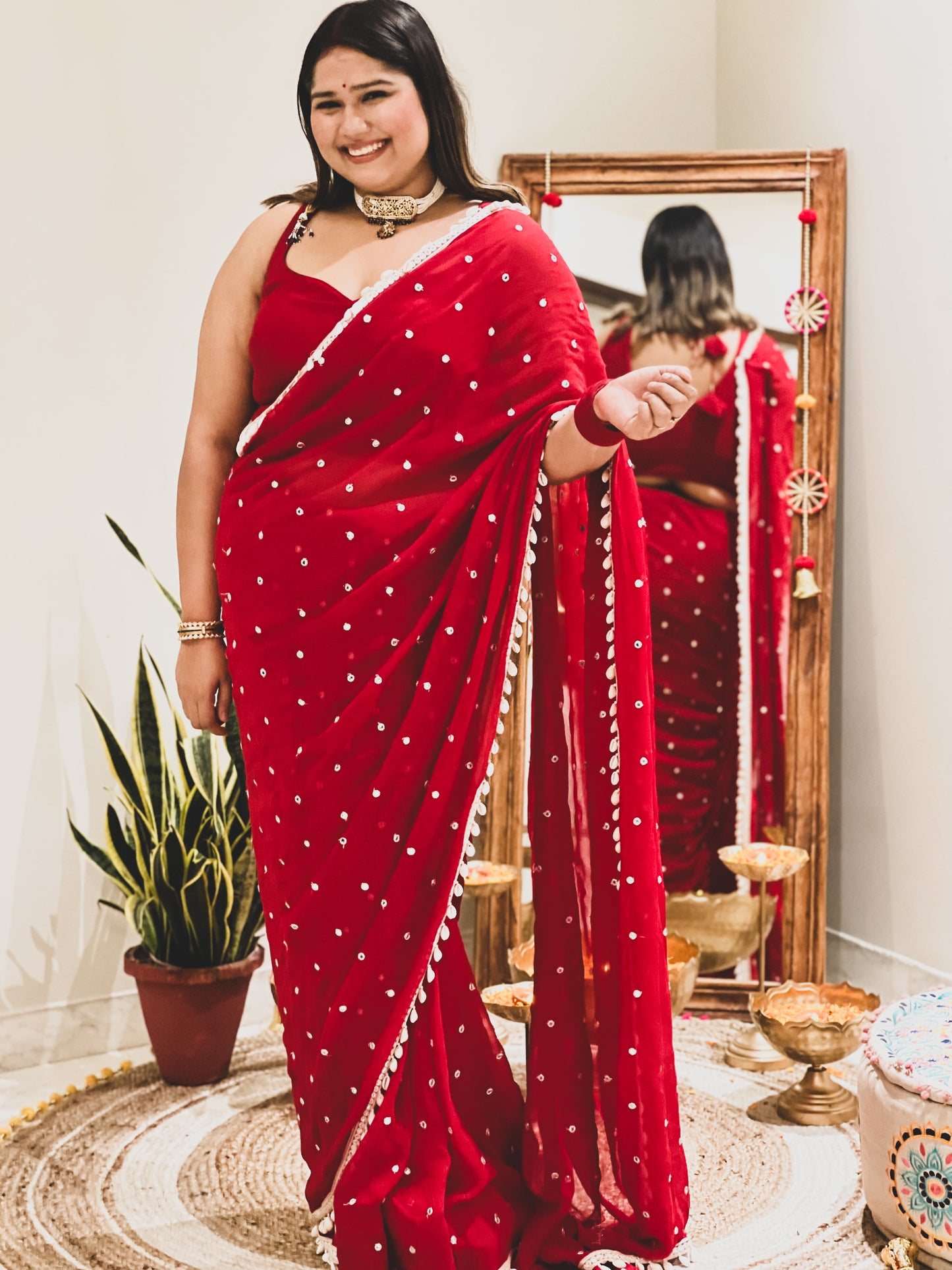 Diksha in red mirror shell saree