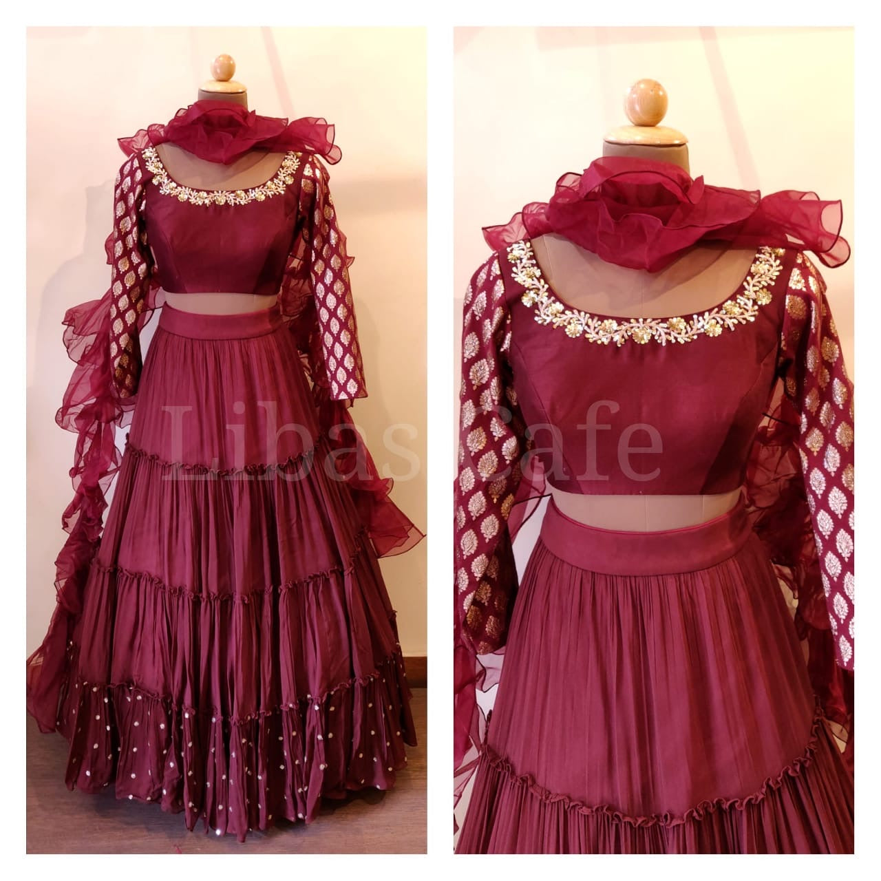 Maroon Gathered Lehenga - Ruffle Dupatta