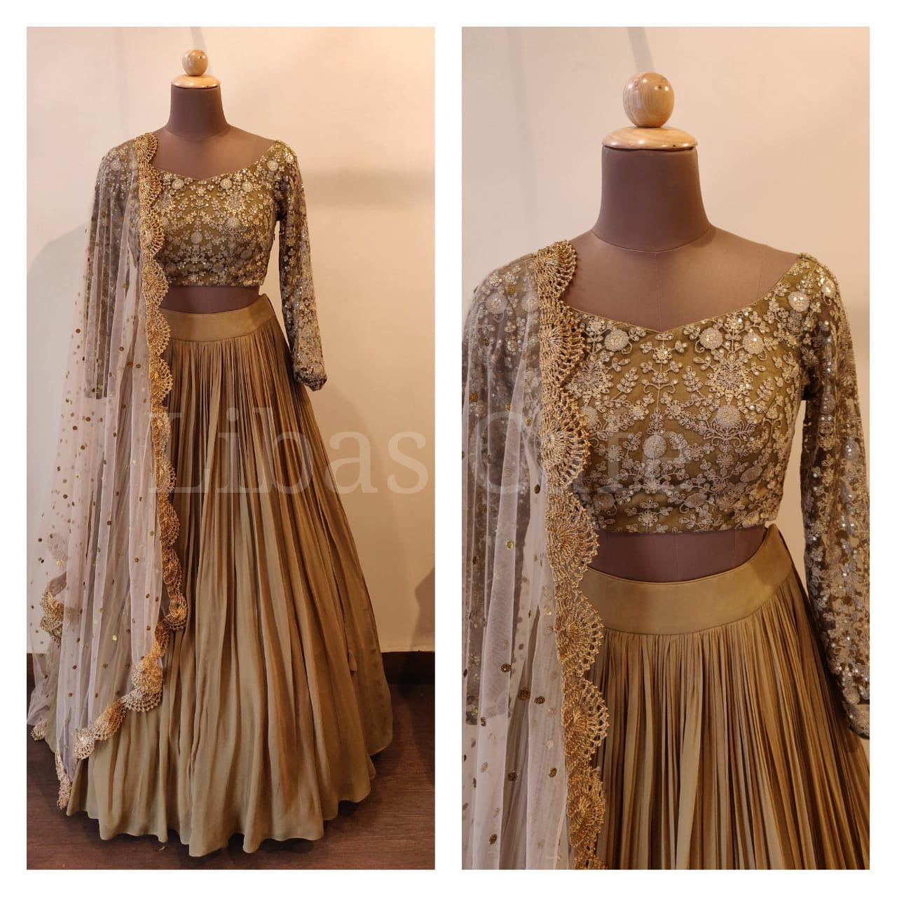 Olive Gold Lehenga With Thread Embroidered Blouse
