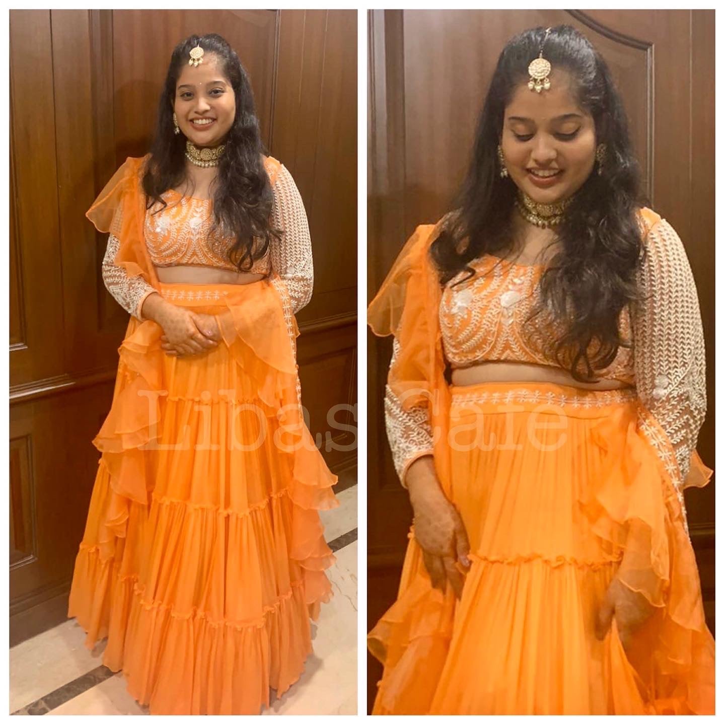 Client In Our Peach Layered Pearl Lehenga