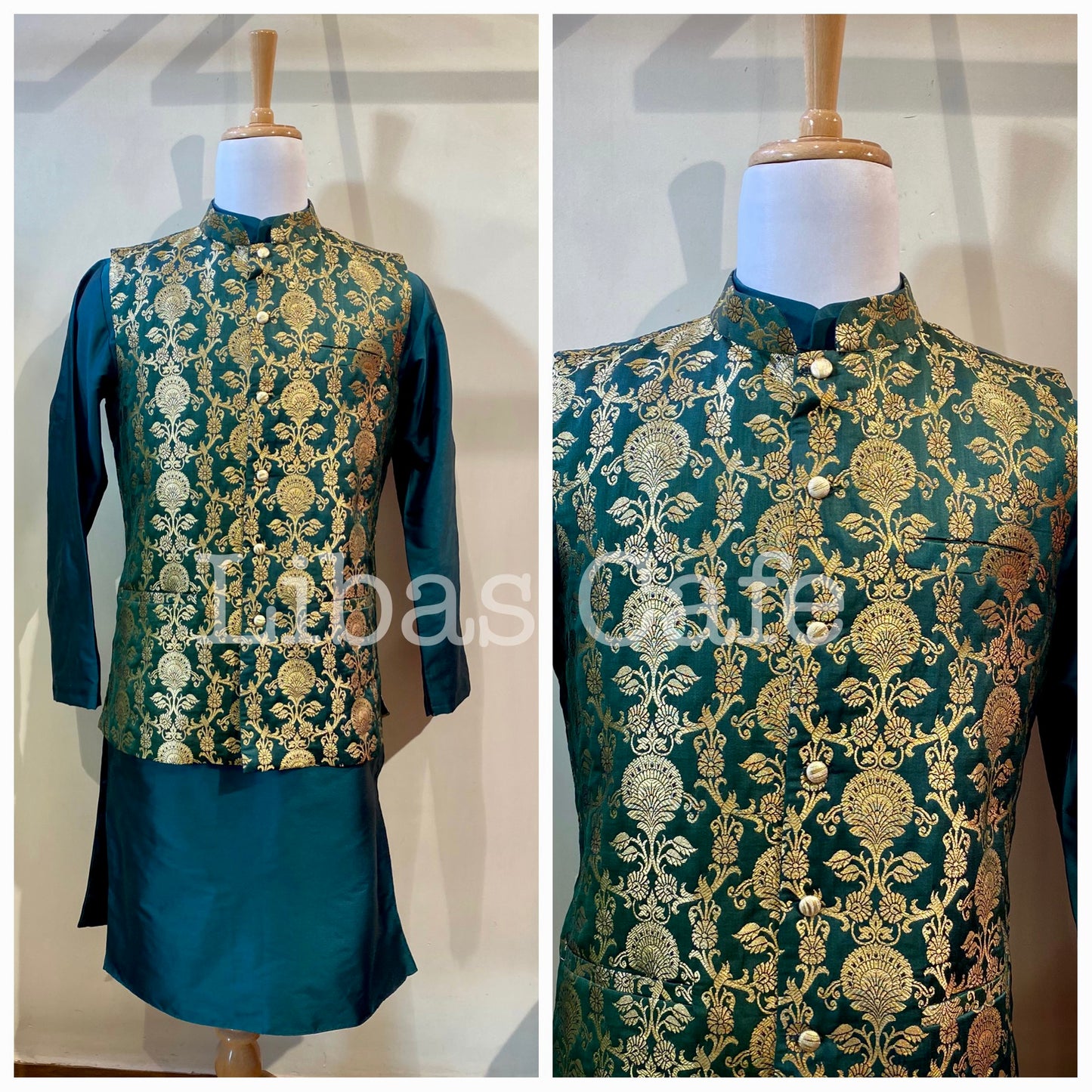 Green Brocade Nehru Jacket With Silk Kurta And Pant